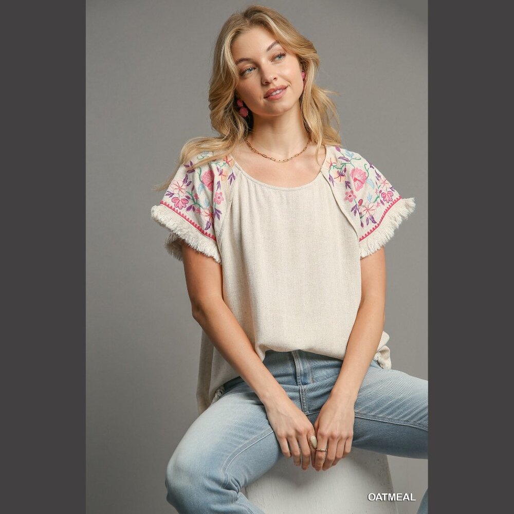 Embroidered Sleeves Linen Cotton Blend Round Neck w/ Frayed High Low Hem - Picture 5 of 15